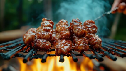 Juicy BBQ skewers cooking over an open flame, producing a smoky aroma against a natural outdoor background, appealing to barbecue enthusiasts worldwide.