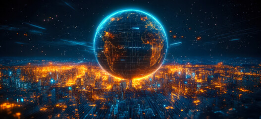 Poster - Futuristic Digital Globe with Real-Time City Data and Dynamic Weather Visualization