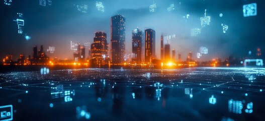 Poster - Futuristic Urban Landscape with Advanced Digital Network and High-Tech Architecture