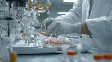 Poster - Biotech scientist meticulously loading DNA samples into an electrophoresis gel apparatus wearing a white lab coat and gloves