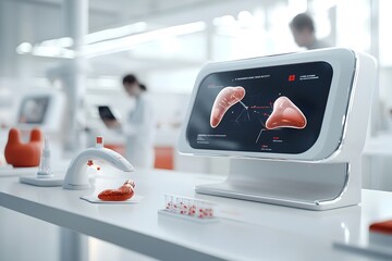 Poster - Innovative biotech startup showcasing their cutting edge pharmaceutical prototypes on holographic displays within a sleek minimalist white and chrome booth design