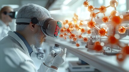 Poster - Biotech researchers utilizing advanced virtual reality technology to model and visualize complex molecular interactions in a futuristic