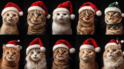 A delightful collection of cats dressed in festive Santa hats showcases their curious expressions, capturing the joy and charm of Christmas spirit in a warm, inviting environment.