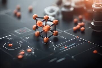 Poster - Intricate and hypnotic visualization of a complex chemical compound with a microscopic molecular architecture elegantly interlocked in a kaleidoscopic array of geometric shapes and luminous energy