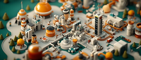 Poster - Sweeping aerial view of a sprawling cutting edge biotech industrial complex featuring an intricate network of gleaming facilities towering research towers and sophisticated robotic assembly lines