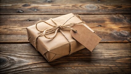 A simple brown paper package tied with twine and a blank tag sits on a rustic wooden surface, ready for a personalized message.