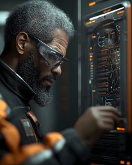 Poster - Biotech data analyst intently studying vast genomic datasets leveraging advanced AI powered analytical tools and a responsive holographic control panel in a dimly lit yet high tech laboratory setting