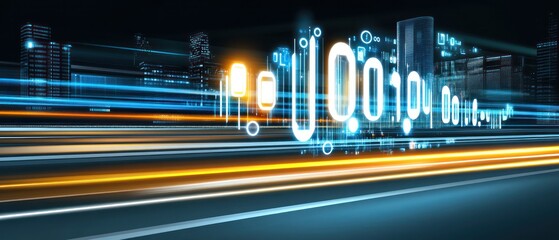 Poster - A digital landscape featuring binary code and light trails, symbolizing technology and data flow.