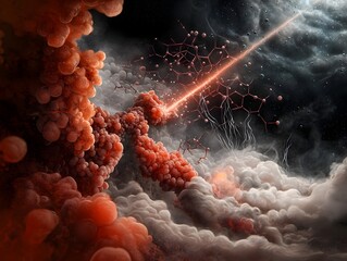 Poster - Captivating interpretation of a molecular ecosystem with intricate lattices pulsing energy beams and wispy ethereal elements captured in a cinematic digital with a painterly style