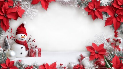 Wall Mural - Festive christmas border with snowman and poinsettias