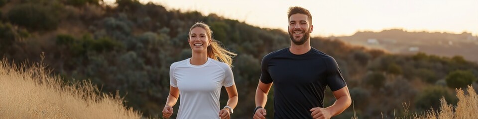 a man and woman are running in a field. the man is wearing a black shirt and the woman is wearing a 