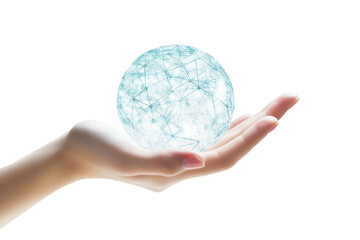 Close-up of a woman's hand supporting a digital globe with interconnected lines representing global communication, isolated on white background
