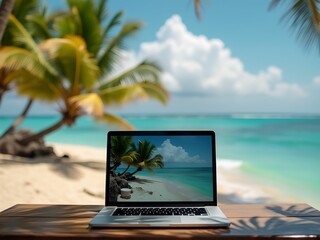 Aufkleber - Laptop on a tropical beach, symbolizing remote work and freedom