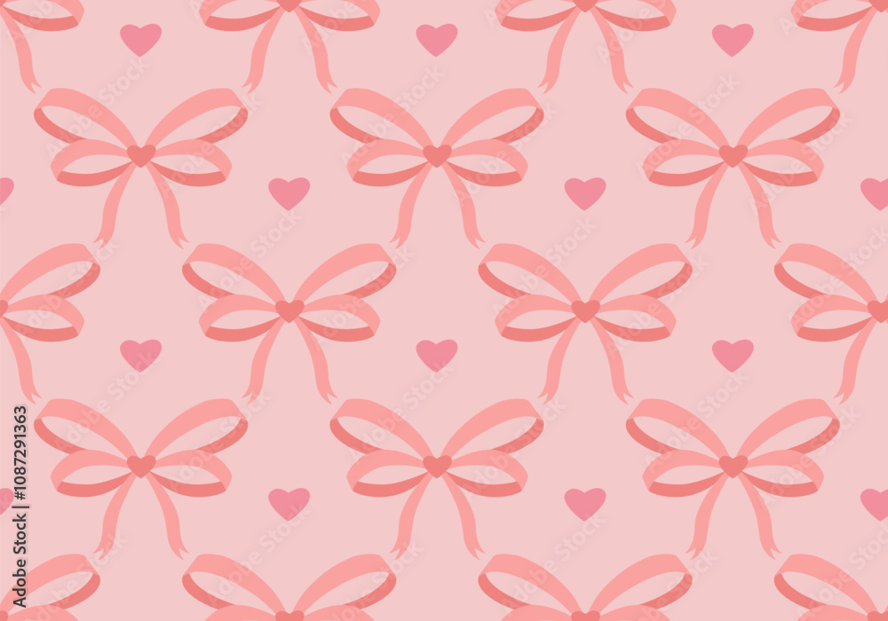 Coquette ribbon bow and hearts seamless pattern vector illustration ...