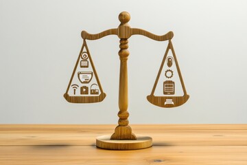 Aufkleber - A wooden scale supports technology and information icons, symbolizing balance in a contemporary workspace, representing values of innovation. Generative AI