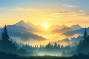 Poster - The sun rises gently, illuminating misty mountains and lush pine forests, while birds soar gracefully across the pastel sky. Generative AI
