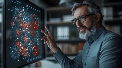 Poster - Biotech CEO presenting company s cutting edge bioinformatics software to potential investors in a sleek high tech office environment