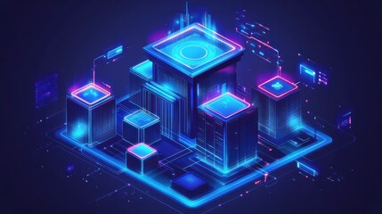 Poster - A futuristic cityscape with glowing buildings and digital elements, representing technology.