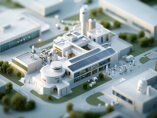 Poster - Futuristic high tech biomedical research center with gleaming solar panels clean lined buildings and advanced robotics and automation systems