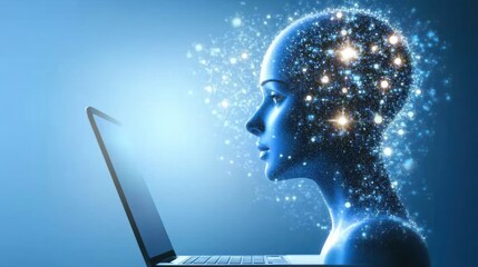Poster - A digital representation of a human head with a glowing, starry aura, interacting with a laptop.