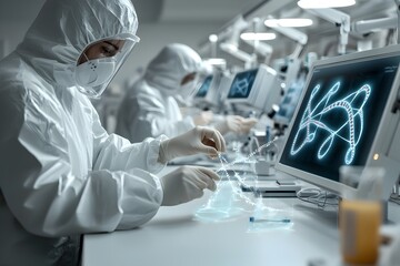 Poster - Cutting edge genetic editing suite with clinicians in protective suits meticulously manipulating strands of DNA on advanced holographic interfaces