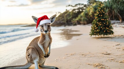 Kangaroo wearing santa hat on tropical beach with christmas tree in background