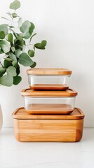 A stack of glass storage containers with bamboo lids sits beside a leafy plant, creating a neat and eco-friendly kitchen aesthetic.