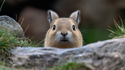 Wall Mural - close-up of a curious pika peeking over rocks in a natural habitat with grass and blurred background