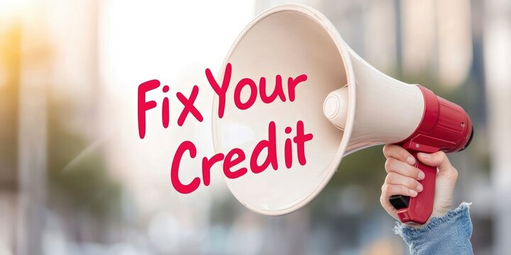 A person holding up a megaphone with the words Fix Your Credit written on it.
