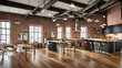 © Kim - Loft office interior, Loft cafeteria, Loft cafeteria design, startup office cafeteria, modern office cafeteria design, ai generated