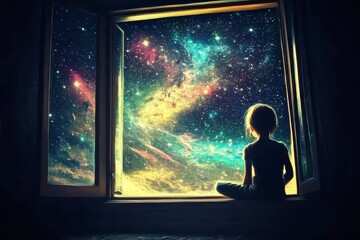 Wall Mural - Discovering the wonders of the night sky through a child's eyes.