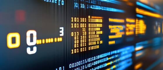 Poster - Abstract digital display featuring binary code and data streams.