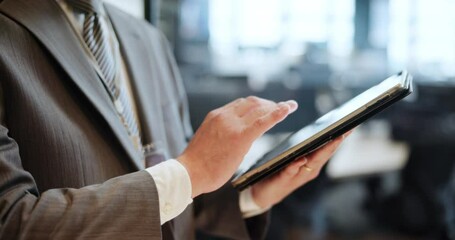 Aufkleber - Hands, businessman and tablet for scroll, website and app in office for communication or networking. Male person, technology and connection for online, news and pr in corporate as community manager