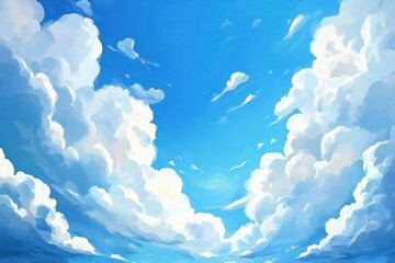 Poster - A vibrant blue sky adorned with white fluffy clouds creates a peaceful backdrop, inviting relaxation in the warm afternoon light. Generative AI