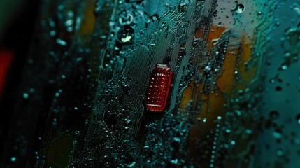 Poster - A close-up of a circuit board with water droplets, highlighting electronic components.