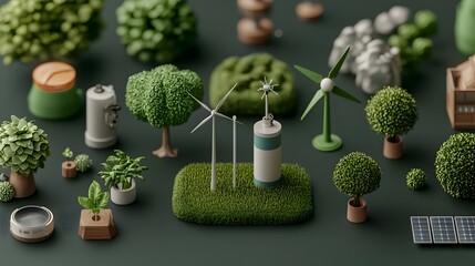 Poster - a 3d rendered depicting the production of hydrogen using renewable energy sources such as wind solar