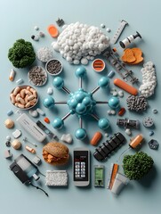 Poster - Comprehensive 3D rendered depicting the insulin molecule at the center  surrounded by various symbols and equipment associated with diabetes management  including glucose monitors