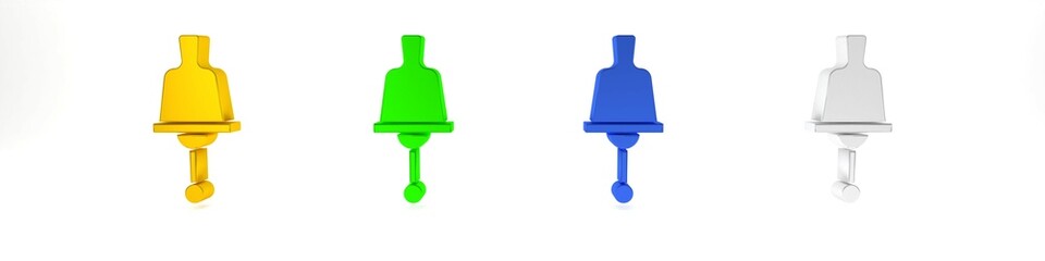 Poster - Colorful Ringing bell icon isolated on white background. Alarm symbol, service bell, handbell sign, notification symbol. Minimalism concept. 3D render illustration