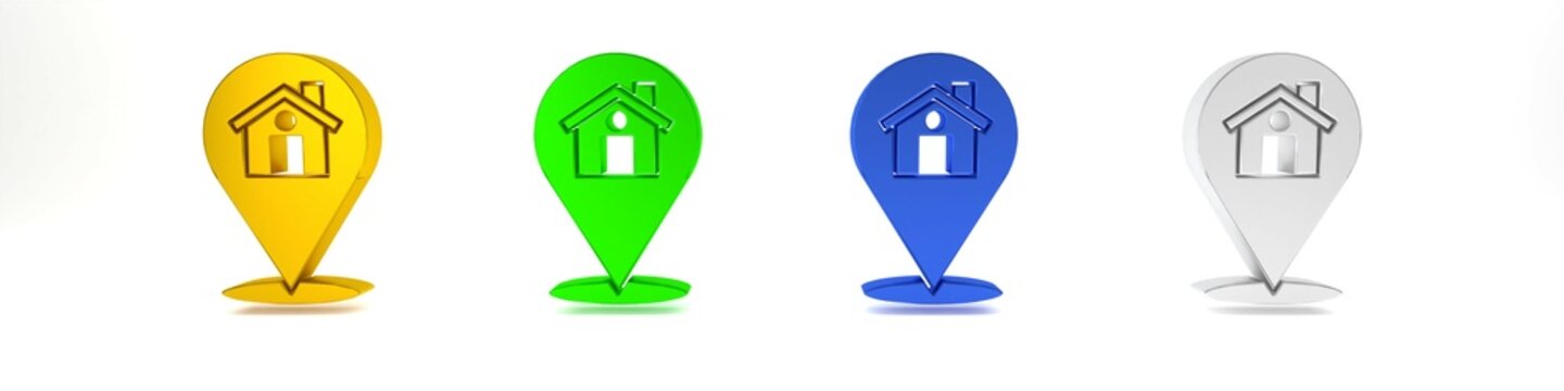 Colorful Map pointer with house icon isolated on white background. Home location marker symbol. Minimalism concept. 3D render illustration