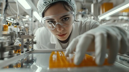 Poster - Biotech facility worker carefully loading biohazardous samples into an advanced automated sample system within a sterile high tech laboratory environment