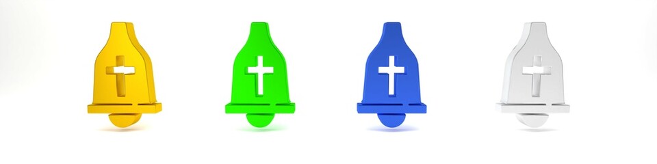 Poster - Colorful Church bell icon isolated on white background. Alarm symbol, service bell, handbell sign, notification symbol. Minimalism concept. 3D render illustration