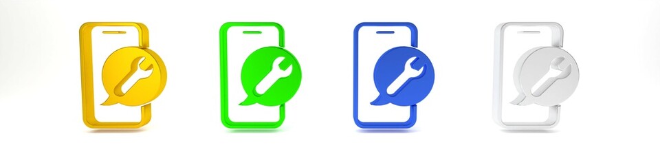 Poster - Colorful Mobile phone with wrench icon isolated on white background. Adjusting, service, setting, maintenance, repair. Minimalism concept. 3D render illustration
