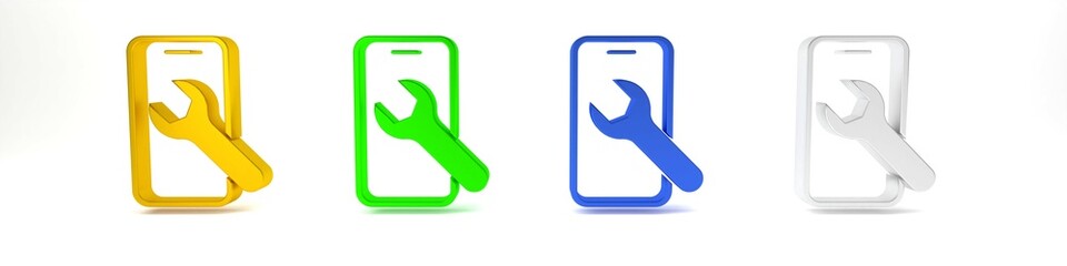 Poster - Colorful Mobile phone with wrench icon isolated on white background. Adjusting, service, setting, maintenance, repair. Minimalism concept. 3D render illustration