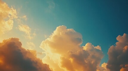 Poster - The sky is filled with fluffy clouds glowing in warm golden shades as the sun sets on a peaceful evening, creating a serene atmosphere. Generative AI