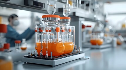 Poster - A visually captivating 3D rendering showcasing a state of the art science laboratory focused on pioneering hydrogen research including experiments on fuel cells electrolysis