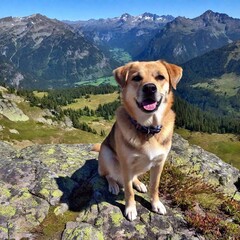 Sticker - A dog perched on a mountain summit, overlooking a breathtaking valley and feeling accomplished 