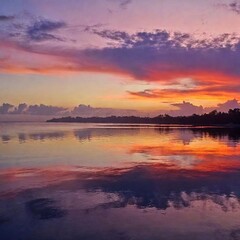 Wall Mural - A sunset over a calm ocean, with vibrant hues of pink, orange, and purple reflecting off the water's surface (photo).