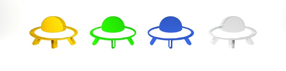 Poster - Colorful UFO flying spaceship icon isolated on white background. Flying saucer. Alien space ship. Futuristic unknown flying object. Minimalism concept. 3D render illustration