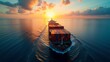 Large container ship navigating tranquil waters during a golden sunrise. Perfect for maritime transport, global trade, and shipping industry themes. Highlights international logistics and ocean travel