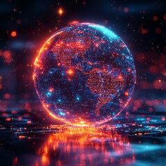 Poster - Vibrant 3D Rendering of Data Particles Forming a Globe with Illuminated Elements in a Dark Environment for Scientific and Visual Representation